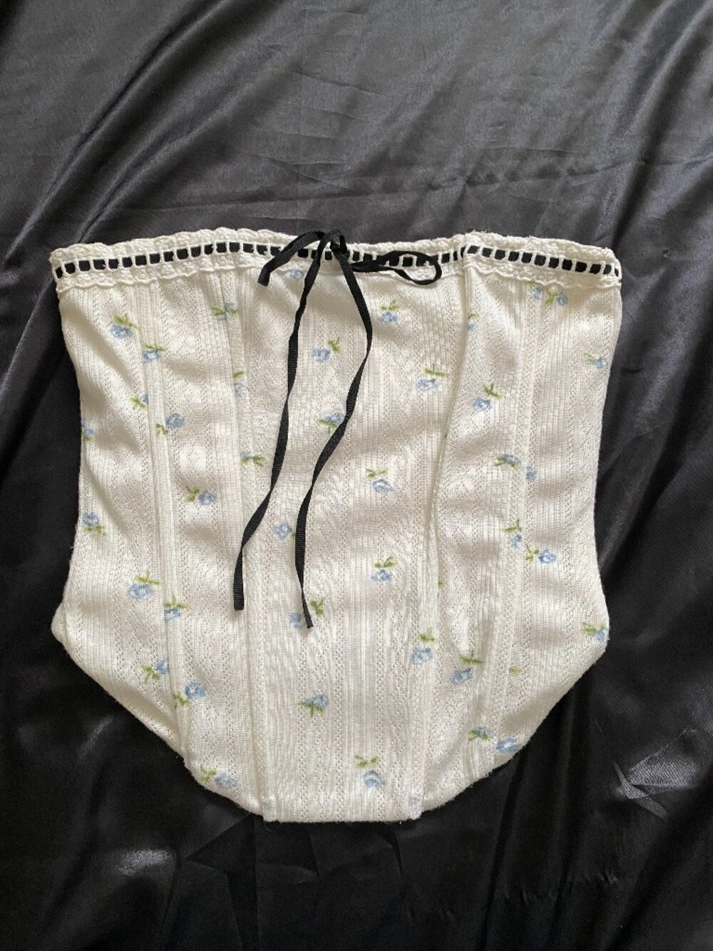 Loucia White Blue Floral Pointelle Corset Top Coquette Ribbon Romantic Small